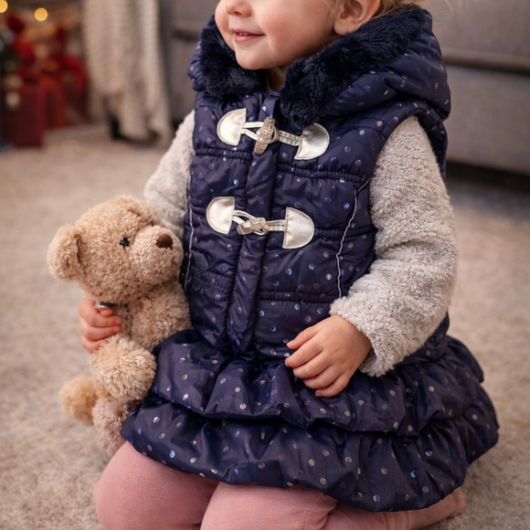 Little Lass Other - Little Lass Toddler Puffer Vest – Navy Blue Polka Dot Size 2T - Faux Fur Collar